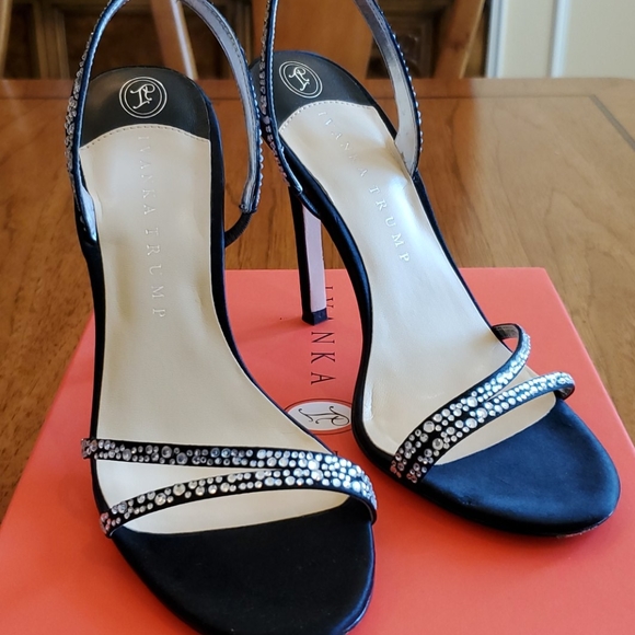 Black Satin Rhinestone Heeled Sandals - Picture 2 of 9